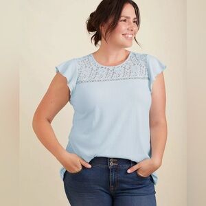 Torrid Textured Crew Neck Lace Pieced Tie Back Top Baby Blue Size 3X Coquette